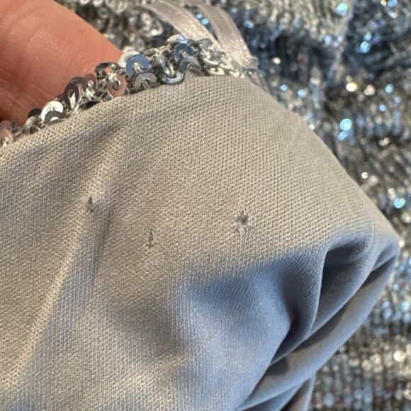 Zara Size Medium Silver Sequin Strapless Ruched Mini Dress Sparkle Ruffle Trim - Picture 8 of 8